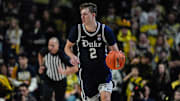 Jan 25, 2025; Winston-Salem, North Carolina, USA; Duke Blue Devils guard Cooper Flagg (2) handles the ball against the Wake Forest Demon Deacons during the second half at Lawrence Joel Veterans Memorial Coliseum. Mandatory Credit: Jim Dedmon-Imagn Images