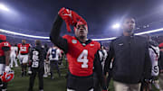 Nov 15, 2025; Athens, Georgia, USA; Georgia Bulldogs defensive back Kj Bolden (4) gestures after a game against the Texas Longhorns at Sanford Stadium. Mandatory Credit: Brett Davis-Imagn Images