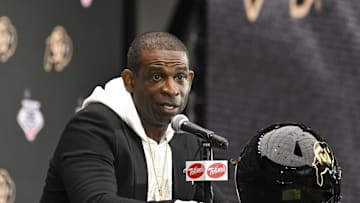 Jul 10, 2024; Las Vegas, NV, USA; Colorado Buffaloes head coach Deion Sanders speaks to the media during the Big 12 Media Days at Allegiant Stadium. Mandatory Credit: Candice Ward-USA TODAY Sports