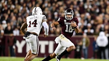 Nov 11, 2023; College Station, Texas, USA; Texas A&M Aggies quarterback Jaylen Henderson (16) runs the ball during the second half against the Mississippi State Bulldogs at Kyle Field. Mandatory Credit: Maria Lysaker-Imagn Images