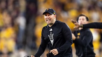 Nov 28, 2025; Tempe, Arizona, USA; Arizona State Sun Devils head coach Kenny Dillingham reacts against the Arizona Wildcats in the second half during the 99th Territorial Cup at Mountain America Stadium. Mandatory Credit: Mark J. Rebilas-Imagn Images