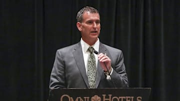 Jul 18, 2016; Dallas, TX, USA; Baylor Bears new athletic director Mack Rhoades speaks at a press conference during the Big 12 Media Days at Omni Dallas Hotel. Mandatory Credit: Kevin Jairaj-Imagn Images