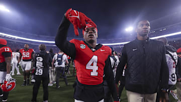 Nov 15, 2025; Athens, Georgia, USA; Georgia Bulldogs defensive back Kj Bolden (4) gestures after a game against the Texas Longhorns at Sanford Stadium. Mandatory Credit: Brett Davis-Imagn Images