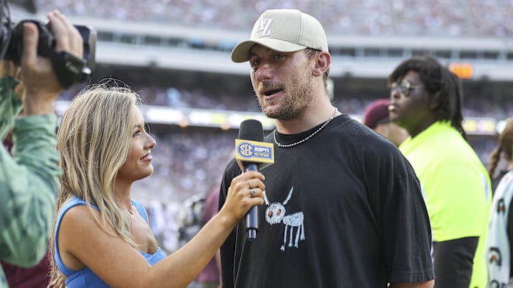 Sep 16, 2023; College Station, Texas, USA; Former Texas A&M Aggies player Johnny Manziel is interviewed during the game between the Aggies and Louisiana Monroe Warhawks at Kyle Field. Mandatory Credit: Troy Taormina-Imagn Images