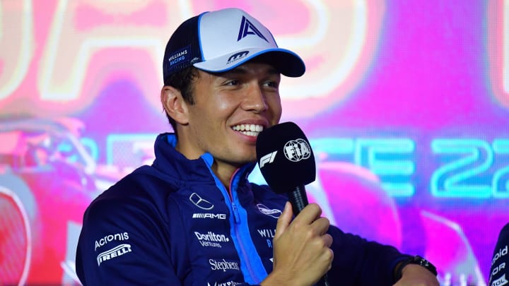 Nov 15, 2023; Las Vegas, Nevada, USA; Williams Racing driver Alexander Albon of Thailand speaks during media availabilities at Las Vegas Strip Circuit. Mandatory Credit: Gary A. Vasquez-USA TODAY Sports