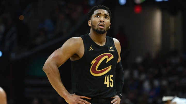 May 5, 2024; Cleveland, Ohio, USA; Cleveland Cavaliers guard Donovan Mitchell (45) reacts during the first half against the Orlando Magic in game seven of the first round for the 2024 NBA playoffs at Rocket Mortgage FieldHouse. Mandatory Credit: Ken Blaze-USA TODAY Sports