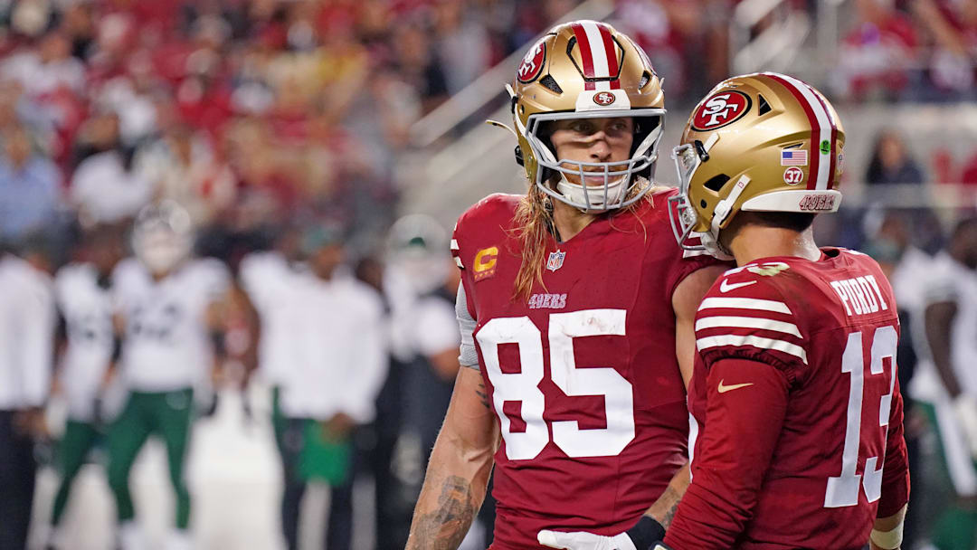 Sep 9, 2024; Santa Clara, California, USA; San Francisco 49ers tight end George Kittle (85) chats with San Francisco 49ers quarterback Brock Purdy (13) while facing the New York Jets in the fourth quarter at Levi's Stadium. Mandatory Credit: David Gonzales-Imagn Images Sep 9, 2024; Santa Clara, California, USA; San Francisco 49ers tight end George Kittle (85) chats with San Francisco 49ers quarterback Brock Purdy (13) while facing the New York Jets in the fourth quarter at Levi's Stadium. Mandatory Credit: David Gonzales-Imagn Images