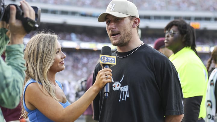 Sep 16, 2023; College Station, Texas, USA; Former Texas A&M Aggies player Johnny Manziel is interviewed during the game between the Aggies and Louisiana Monroe Warhawks at Kyle Field. Mandatory Credit: Troy Taormina-USA TODAY Sports Sep 16, 2023; College Station, Texas, USA; Former Texas A&M Aggies player Johnny Manziel is interviewed during the game between the Aggies and Louisiana Monroe Warhawks at Kyle Field. Mandatory Credit: Troy Taormina-USA TODAY Sports