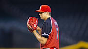 Phoenix, Arizona, US; West pitcher Travis Sykora (17) during the Perfect Game All-American Classic high school baseball game at Chase Field.
