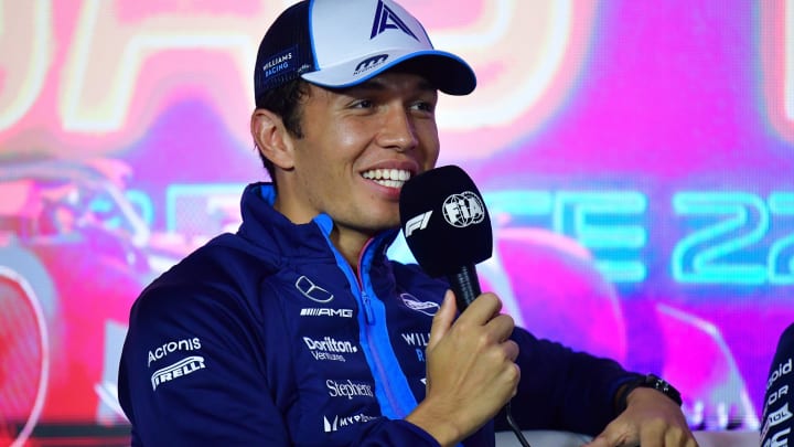 Nov 15, 2023; Las Vegas, Nevada, USA; Williams Racing driver Alexander Albon of Thailand speaks during media availabilities at Las Vegas Strip Circuit. Mandatory Credit: Gary A. Vasquez-USA TODAY Sports