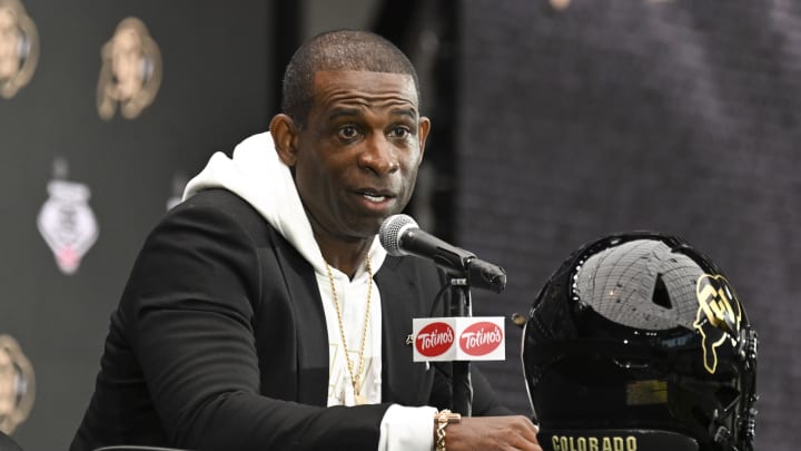 Jul 10, 2024; Las Vegas, NV, USA; Colorado Buffaloes head coach Deion Sanders speaks to the media during the Big 12 Media Days at Allegiant Stadium. Mandatory Credit: Candice Ward-USA TODAY Sports