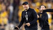 Nov 28, 2025; Tempe, Arizona, USA; Arizona State Sun Devils head coach Kenny Dillingham reacts against the Arizona Wildcats in the second half during the 99th Territorial Cup at Mountain America Stadium. Mandatory Credit: Mark J. Rebilas-Imagn Images