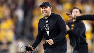 Nov 28, 2025; Tempe, Arizona, USA; Arizona State Sun Devils head coach Kenny Dillingham reacts against the Arizona Wildcats in the second half during the 99th Territorial Cup at Mountain America Stadium. Mandatory Credit: Mark J. Rebilas-Imagn Images