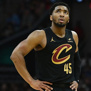 May 5, 2024; Cleveland, Ohio, USA; Cleveland Cavaliers guard Donovan Mitchell (45) reacts during the first half against the Orlando Magic in game seven of the first round for the 2024 NBA playoffs at Rocket Mortgage FieldHouse. Mandatory Credit: Ken Blaze-Imagn Images