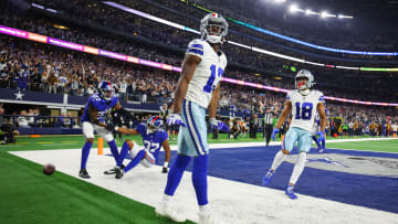 Nov 12, 2023; Arlington, Texas, USA;  Dallas Cowboys wide receiver Michael Gallup (13) reacts after making a touchdown  catch past New York Giants cornerback Tre Hawkins III (37) during the second half at AT&T Stadium. Mandatory Credit: Kevin Jairaj-USA TODAY Sports