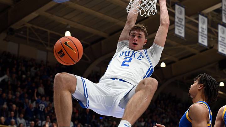 Jan 7, 2025; Durham, North Carolina, USA; Duke basketball forward Cooper Flagg (2) dunks during the second half against the Pitt Panthers at Cameron Indoor Stadium.
