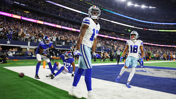Michael Gallup reacts after scoring during the Cowboys' 49–17 win over the Giants on Nov. 12, 2023.