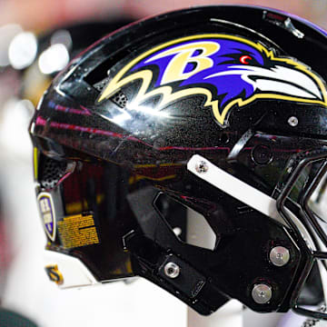 Sep 5, 2024; Kansas City, Missouri, USA; A general view of a Baltimore Ravens helmet against the Kansas City Chiefs during the first half at GEHA Field at Arrowhead Stadium. Mandatory Credit: Denny Medley-Imagn Images
