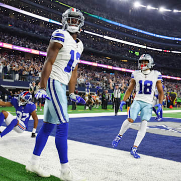 Dallas Cowboys wide receiver Michael Gallup reacts after making a touchdown catch against the New York Giants.