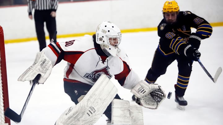 Fox Chapel Grant Watson snares a puck out of the air in front of Canon-McMillan's Brenden Lomago Monday night at the Alpha Ice Complex.  Watson made 21 saves to help the Foxes advance to the Penguins Cup semifinals with a 6-3 win over the Big Macs
