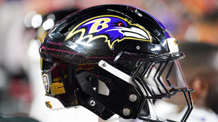 Sep 5, 2024; Kansas City, Missouri, USA; A general view of a Baltimore Ravens helmet against the Kansas City Chiefs during the first half at GEHA Field at Arrowhead Stadium. Mandatory Credit: Denny Medley-Imagn Images BREAKING NEWS : Ravens To Wear Special Holiday Patches - 24/7 News America