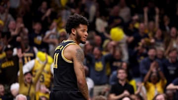 Mar 28, 2025; Atlanta, GA, USA; Michigan Wolverines guard Roddy Gayle Jr. (11) reacts after a play in the second half of a South Regional semifinal of the 2025 NCAA tournament against the Auburn Tigers at State Farm Arena. Mandatory Credit: Brett Davis-Imagn Images