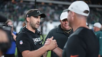 Aug 7, 2025; Philadelphia, Pennsylvania, USA; Philadelphia Eagles head coach Nick Sirianni (L) shakes hands with Cincinnati Bengals head coach Zac Taylor (R) after the game at Lincoln Financial Field. Mandatory Credit: Bill Streicher-Imagn Images