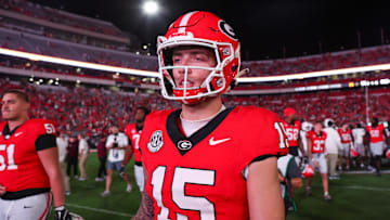 Oct 12, 2024; Athens, Georgia, USA; Georgia Bulldogs quarterback Carson Beck (15) walks off the field after a victory over the Mississippi State Bulldogs at Sanford Stadium. Mandatory Credit: Brett Davis-Imagn Images
