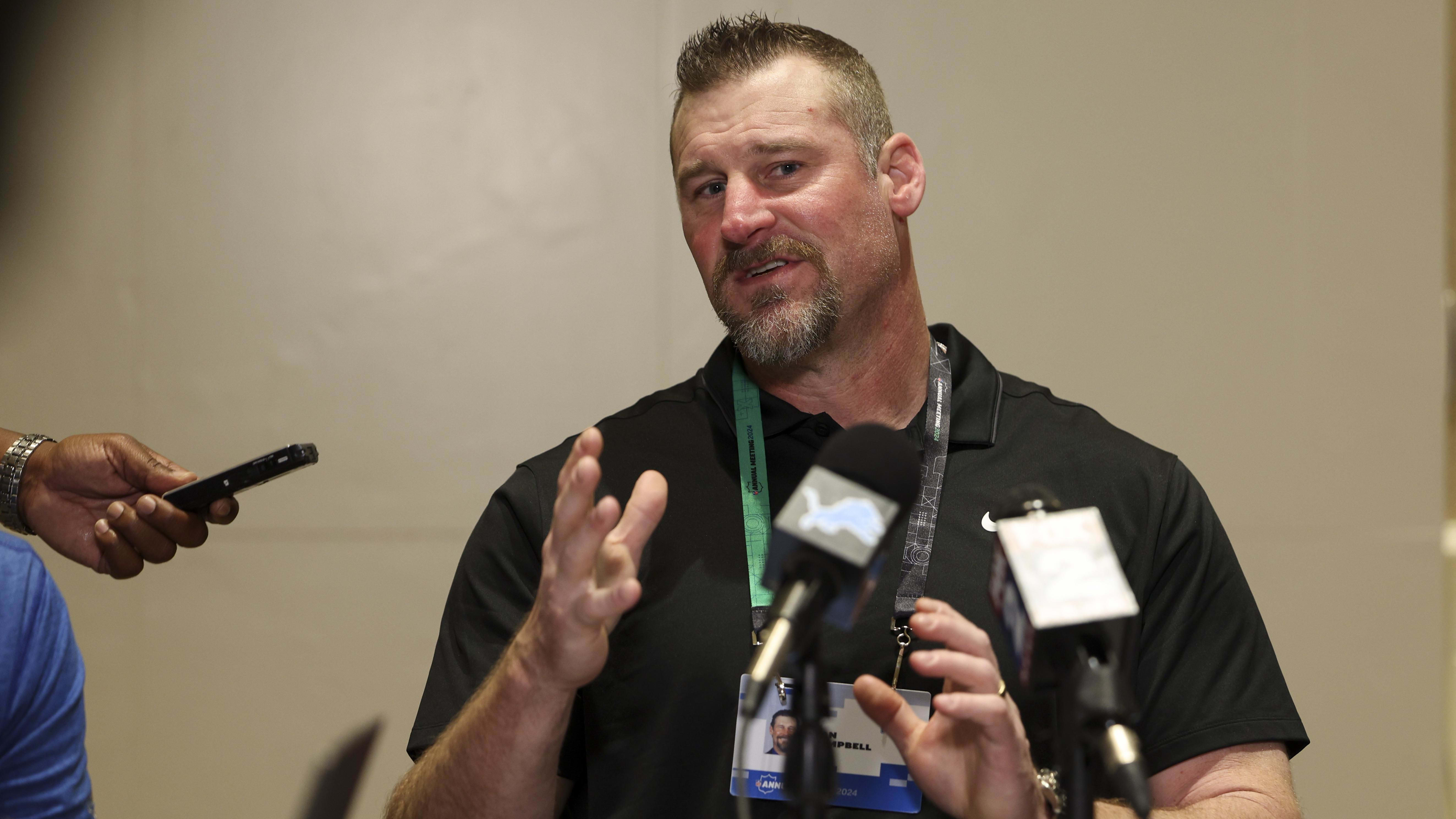 Detroit Lions head coach Dan Campbell speaks to the media.