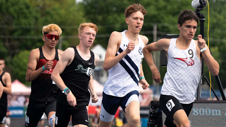 Des Moines Christian's Caleb Ten Pas, left, and Western Dubuque's Quentin Nauman compete in the 3A 800 meter final during the 2025 Iowa high school state track and field meet at Drake Stadium on May 24, 2025, in Des Moines.