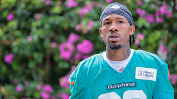 Miami Dolphins cornerback Jack Jones (23) looks on before speaking to reporters during training camp at Baptist Health Training Complex. 