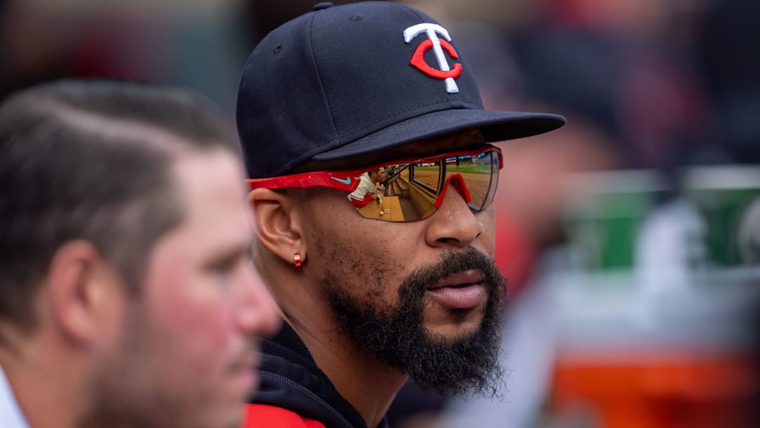 Minnesota Twins outfielder Byron Buxton, right, talks with first baseman Ty France in the bottom of the fifth inning against the Kansas City Royals at Target Field in Minneapolis on May 24, 2025. Minnesota Twins outfielder Byron Buxton, right, talks with first baseman Ty France in the bottom of the fifth inning against the Kansas City Royals at Target Field in Minneapolis on May 24, 2025.