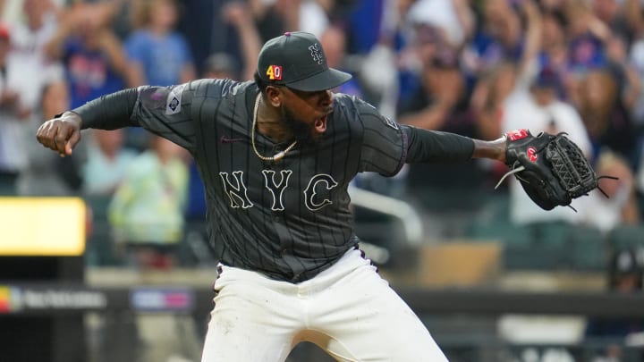 Aug 17, 2024; New York City, New York, USA; New York Mets pitcher Luis Severino (40) celebrates after pitching a shutout against the Miami Marlins at Citi Field. Mandatory Credit: Lucas Boland-USA TODAY Sports