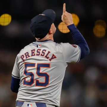 Jun 11, 2024; San Francisco, California, USA; Houston Astros pitcher Ryan Pressly (55) celebrates after the game against the San Francisco Giants at Oracle Park.
