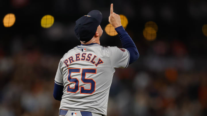 Jun 11, 2024; San Francisco, California, USA; Houston Astros pitcher Ryan Pressly (55) celebrates after the game against the San Francisco Giants at Oracle Park.