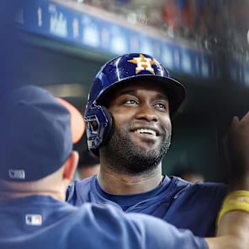 Sep 1, 2024; Houston, Texas, USA; Houston Astros left fielder Yordan Alvarez (44) holds a baseball after hitting a home run during the fourth inning against the Kansas City Royals at Minute Maid Park.