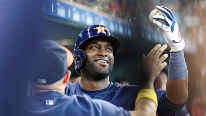 Sep 1, 2024; Houston, Texas, USA; Houston Astros left fielder Yordan Alvarez (44) holds a baseball after hitting a home run during the fourth inning against the Kansas City Royals at Minute Maid Park.