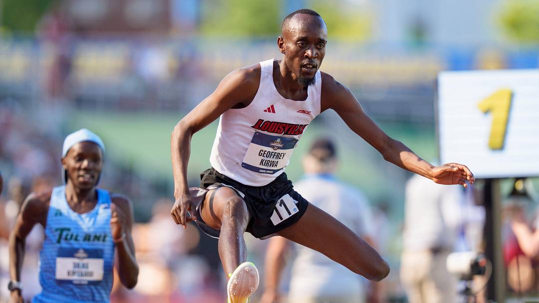 Louisville’s Geoffrey Kirwa wins the men’s 3,000-meter steeplechase during the NCAA Outdoor Track & Field Championships on June 12, 2026, at Hayward Field in Eugene, Oregon.