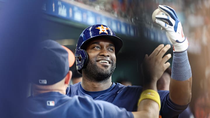 Sep 1, 2024; Houston, Texas, USA; Houston Astros left fielder Yordan Alvarez (44) holds a baseball after hitting a home run during the fourth inning against the Kansas City Royals at Minute Maid Park.