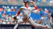 Apr 13, 2025; Miami, Florida, USA; Washington Nationals starting pitcher MacKenzie Gore (1) delivers a pitch against the Miami Marlins during the first inning at loanDepot Park.