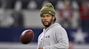 Nov 3, 2025; Arlington, Texas, USA; Arizona Cardinals quarterback Kyler Murray (1) looks on from the field before the game between the Dallas Cowboys and the Arizona Cardinals at AT&T Stadium. Mandatory Credit: Jerome Miron-Imagn Images