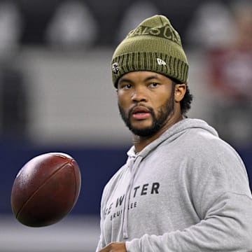 Nov 3, 2025; Arlington, Texas, USA; Arizona Cardinals quarterback Kyler Murray (1) looks on from the field before the game between the Dallas Cowboys and the Arizona Cardinals at AT&T Stadium. Mandatory Credit: Jerome Miron-Imagn Images
