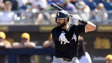 Mar 11, 2025; Peoria, Arizona, USA; Chicago White Sox infielder Joey Gallo against the San Diego Padres during a spring training game at Peoria Sports Complex. Mandatory Credit: Mark J. Rebilas-Imagn Images