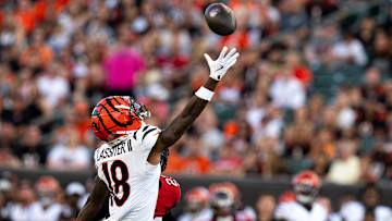 Cincinnati Bengals wide receiver Kwamie Lassiter II (18) reaches for a pass that is just long in the first quarter of the NFL preseason game at Paycor Stadium in Cincinnati on Saturday, August 10, 2024.