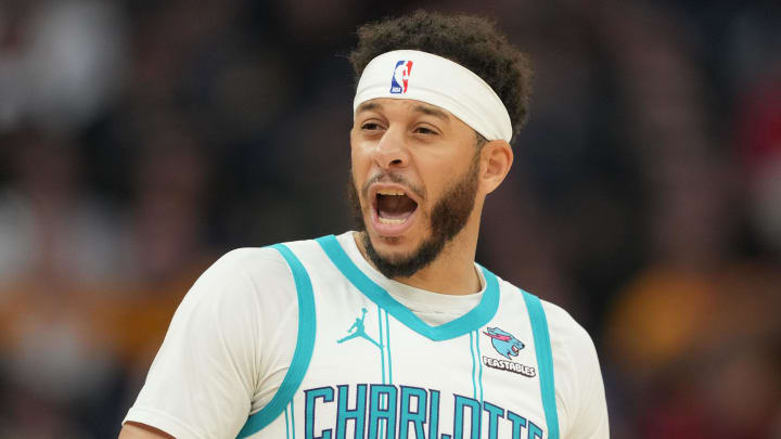 Feb 23, 2024; San Francisco, California, USA; Charlotte Hornets guard Seth Curry (30) during the first quarter against the Golden State Warriors at Chase Center. Mandatory Credit: Darren Yamashita-USA TODAY Sports