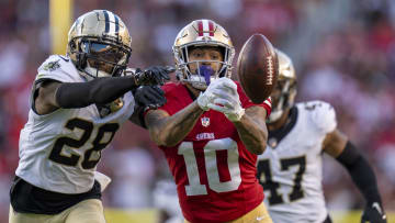 San Francisco 49ers wide receiver Ronnie Bell (10) misses a catch defended by New Orleans Saints cornerback Rejzohn Wright (28)