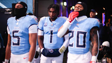 Nov 30, 2025; Nashville, Tennessee, USA; Tennessee Titans quarterback Cam Ward (1) prepares to take the field prior to a game against the Jacksonville Jaguars at Nissan Stadium. Mandatory Credit: Steve Roberts-Imagn Images