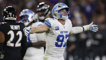Sep 22, 2025; Baltimore, Maryland, USA; Detroit Lions defensive end Aidan Hutchinson (97) reacts against the Baltimore Ravens during the second half at M&T Bank Stadium. Mandatory Credit: Peter Casey-Imagn Images