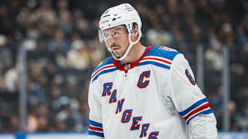 Oct 28, 2025; Vancouver, British Columbia, CAN; New York Rangers forward J.T. Miller (8) during a stop in play against the Vancouver Canucks in the third period at Rogers Arena. Mandatory Credit: Bob Frid-Imagn Images