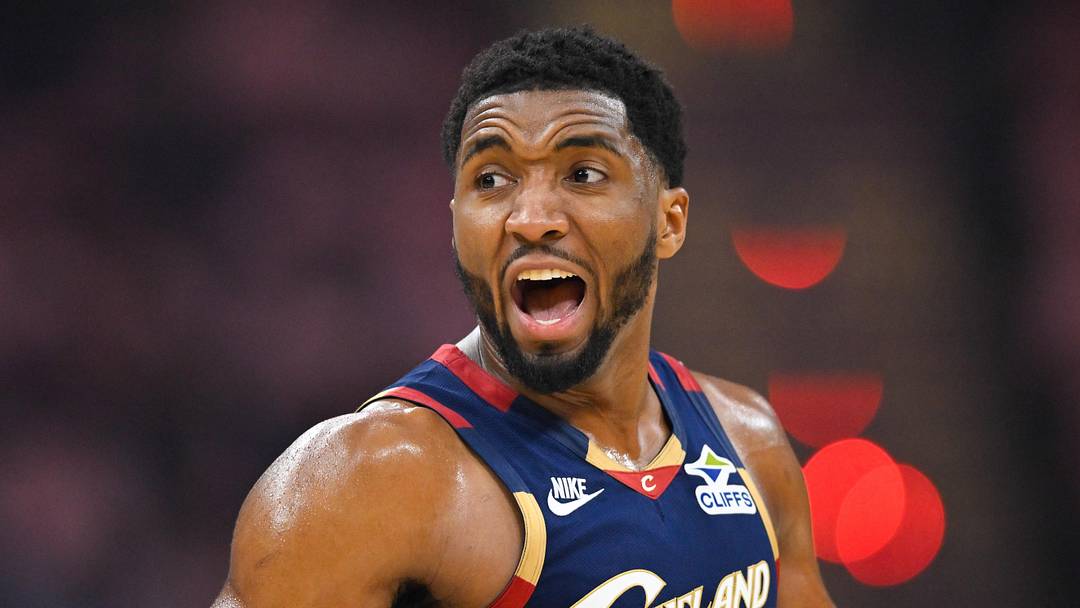 May 23, 2026; Cleveland, Ohio, USA; Cleveland Cavaliers guard Donovan Mitchell (45) reacts in the third quarter against the New York Knicks during game three of the eastern conference finals for the 2026 NBA playoffs at Rocket Arena. Mandatory Credit: David Richard-Imagn Images